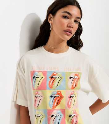 White Rolling Stones Print Oversized T-Shirt