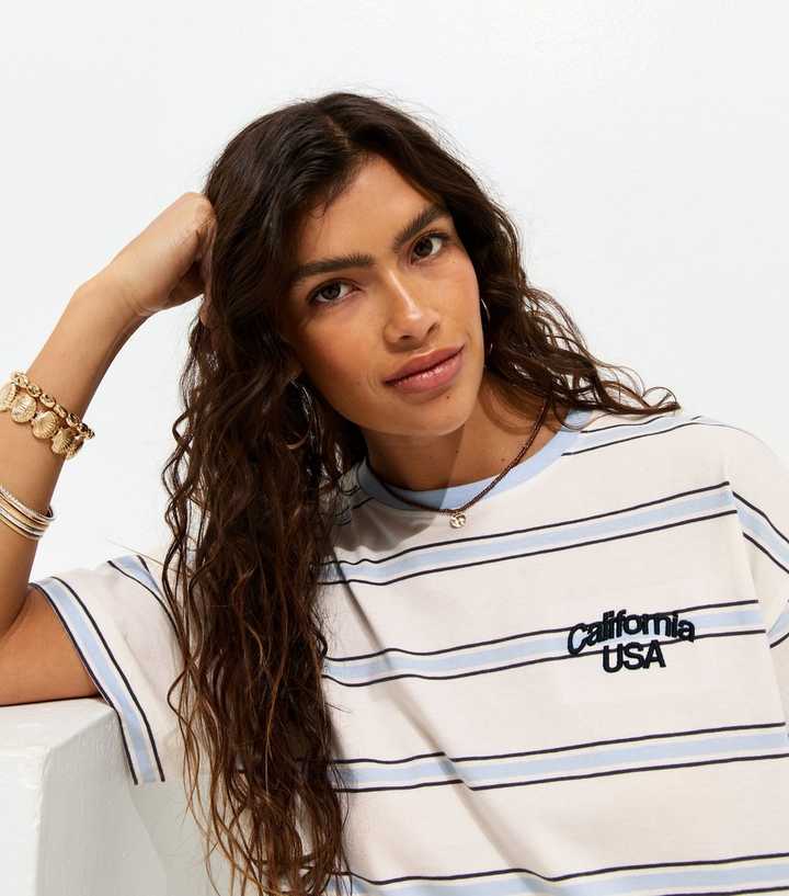 Cream Cotton Stripe California Embroidery Oversized T-Shirt