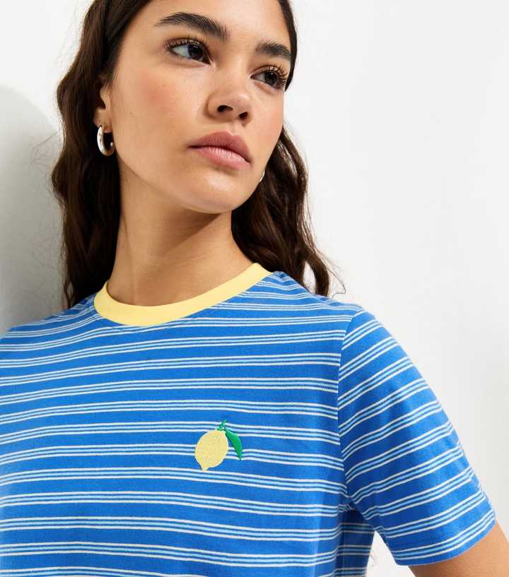 Blue Striped Lemon Embroidered T-Shirt