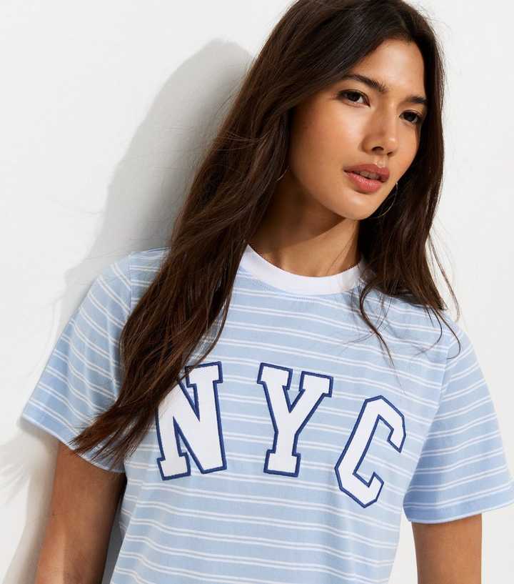 Blue Cotton Striped NYC Relaxed Fit T-Shirt