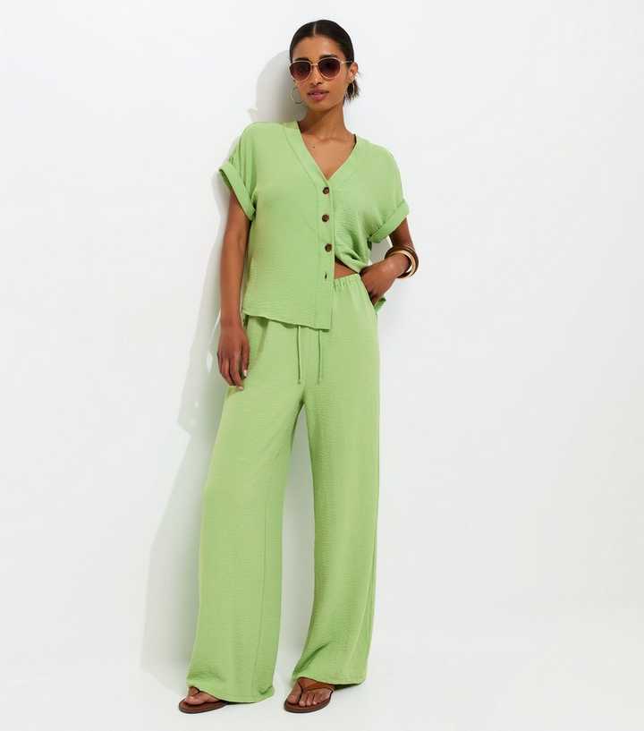 Bright Green Drawstring Waist Wide Leg Trousers