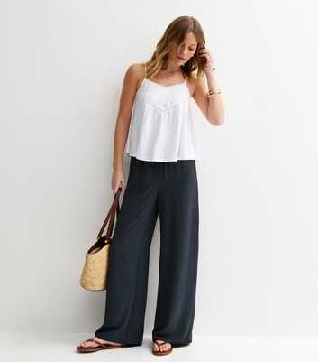 Navy Drawstring Waist Wide Leg Trousers