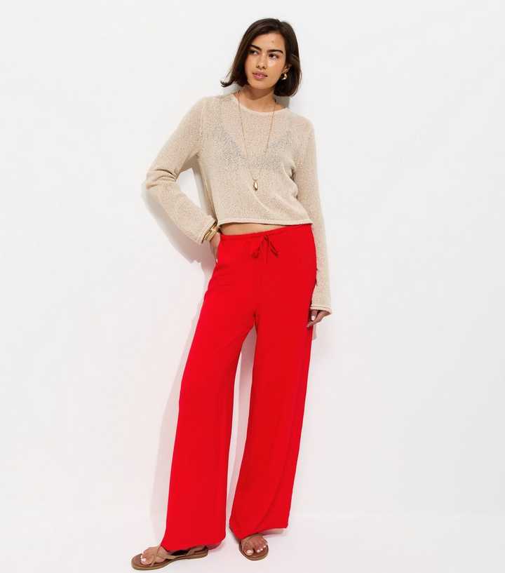Bright Red Drawstring Waist Wide Leg Trousers