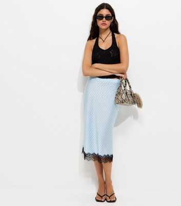 Light Blue Diagonal Stripe Lace Trim Satin Skirt