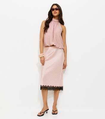Pink Diagonal Stripe Lace Trim Satin Skirt