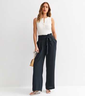 Navy Crinkle Texture Paperbag Waist Wide Leg Trousers