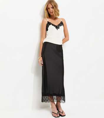 Black Deep Lace Trim Midi Skirt