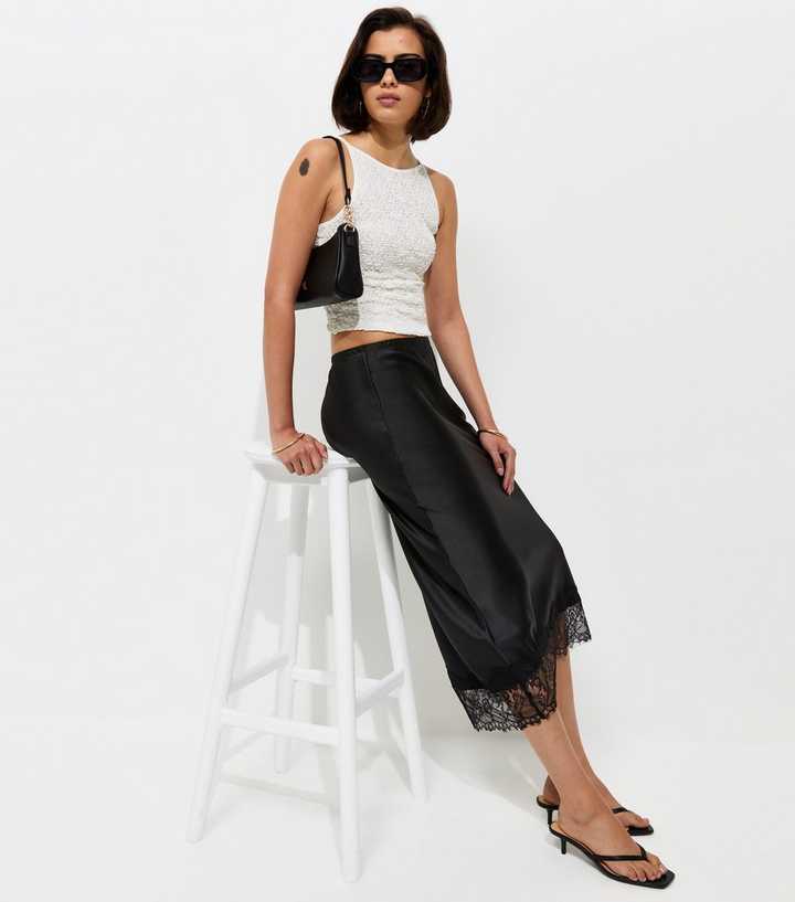 Black Deep Lace Trim Midi Skirt