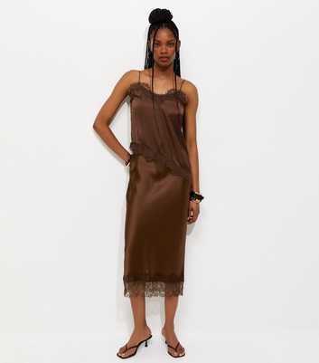 Dark Brown Deep Lace Trim Midi Skirt