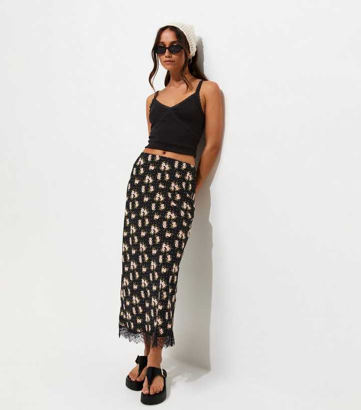 Black Floral Print Lace Trim Midi Skirt