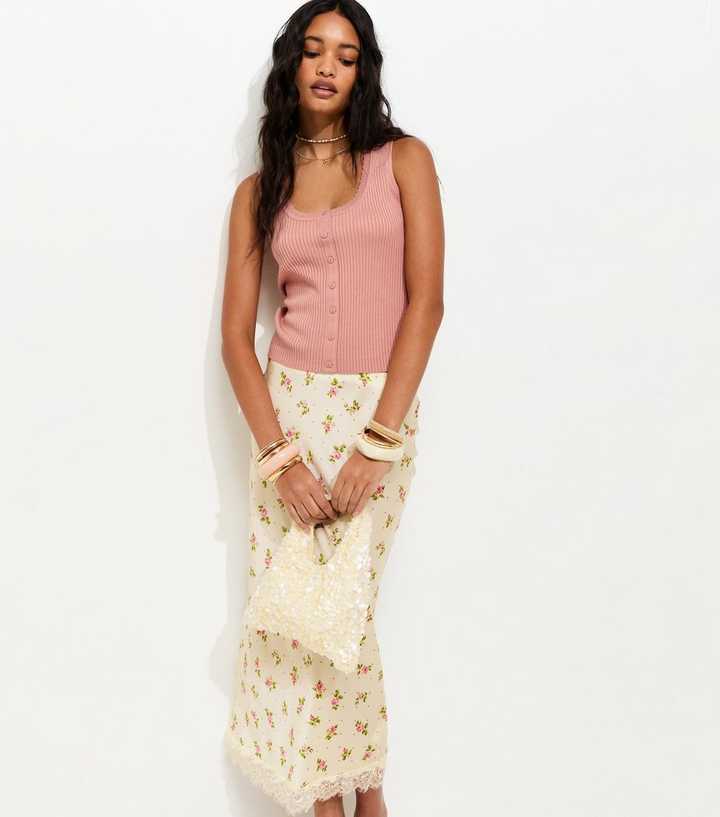 Cream Floral Print Lace Trim Midi Skirt