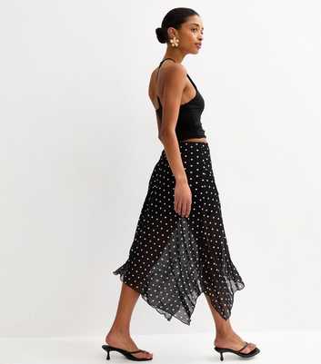 Black Mesh Polka Dot Hanky Hem Midi Skirt