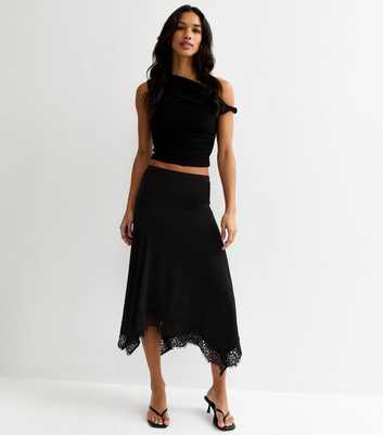 Black Lace Trim Hanky Hem Midi Skirt