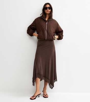 Dark Brown Lace Trim Hanky Hem Midi Skirt