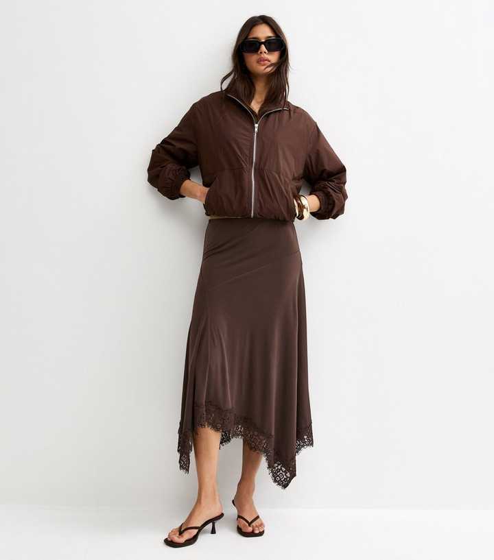 Dark Brown Lace Trim Hanky Hem Midi Skirt