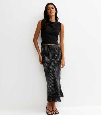 Black Lace Trim Spot Print Bias Cut Midi Skirt
