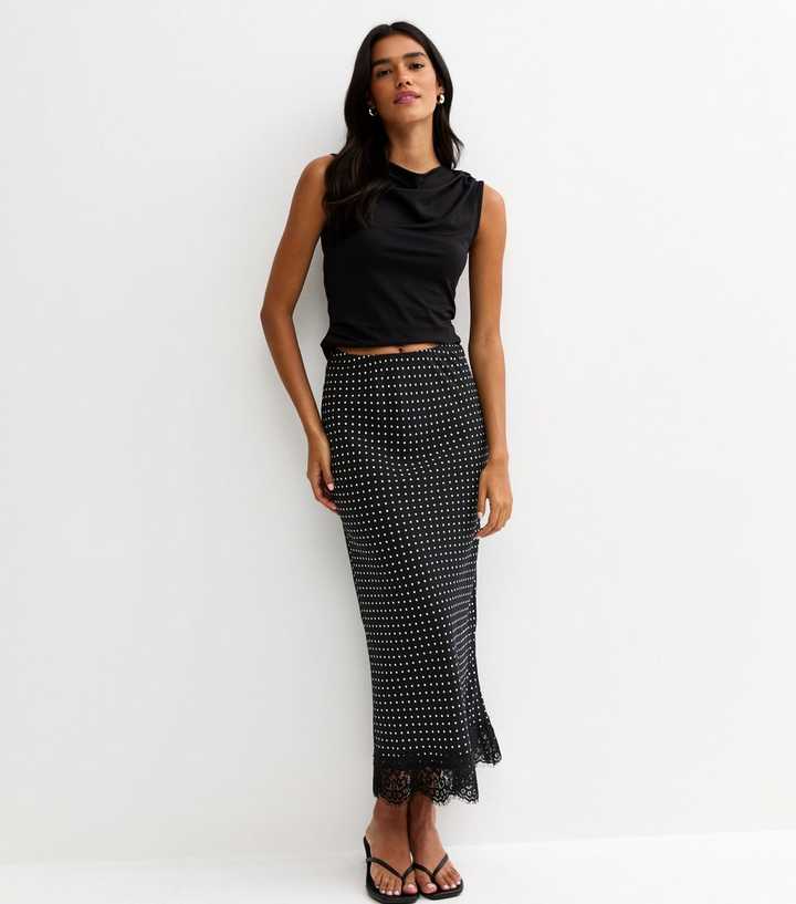 Black Lace Trim Spot Print Bias Cut Midi Skirt