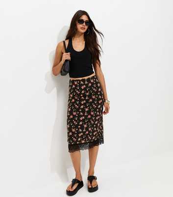 Black Floral Mesh Midi Skirt