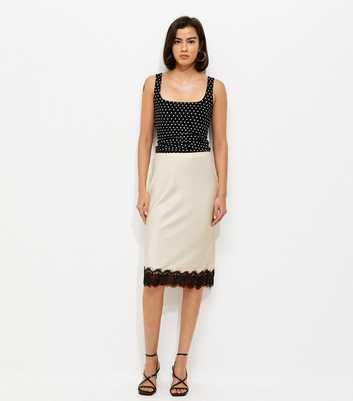 Cream Satin Lace Hem Midi Skirt