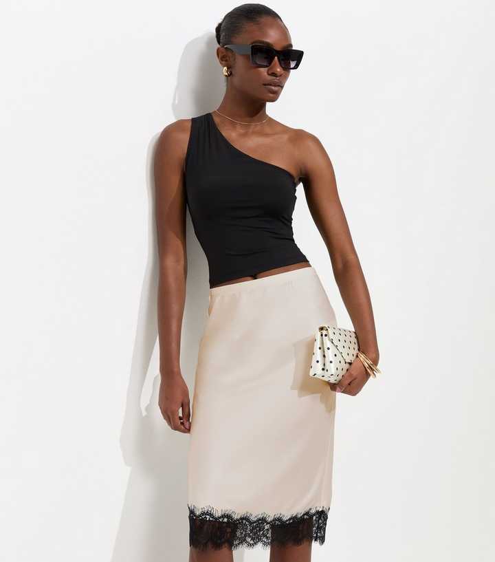 Cream Satin Lace Hem Midi Skirt