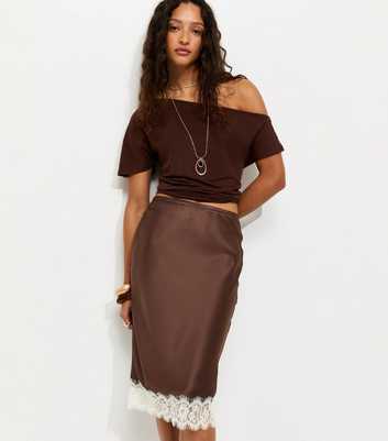 Dark Brown Satin Lace Trim Midi Skirt