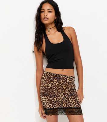 Brown Leopard Print Lace Trimmed Mesh Mini Skirt