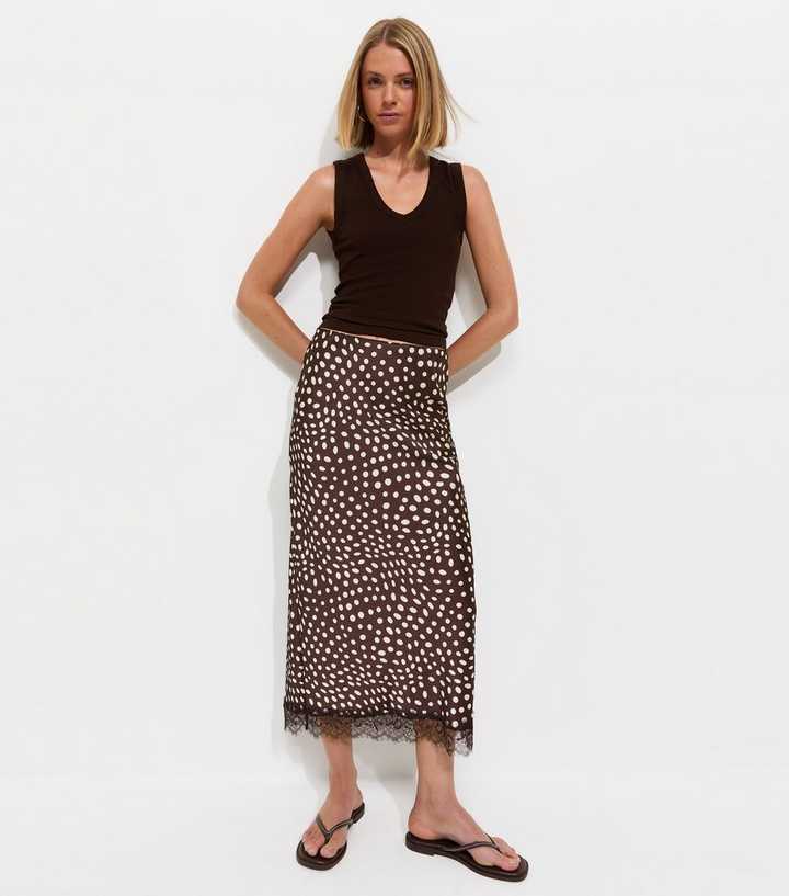 Brown Satin Spotty Lace Trim Midi Skirt