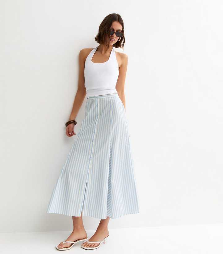 Blue Striped Cotton Button Through Midi Skirt