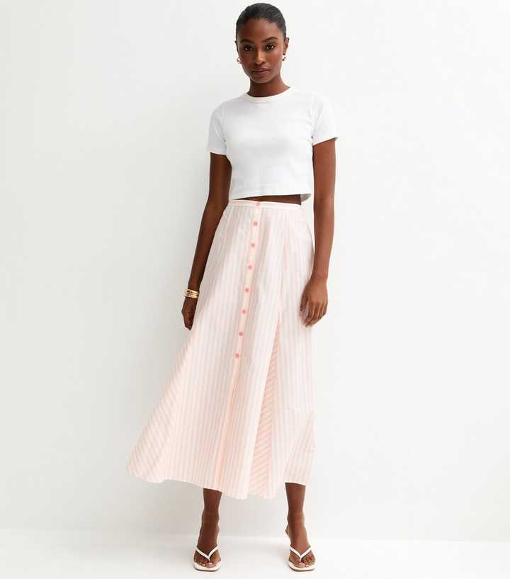 Pink Striped Cotton Button Through Midi Skirt