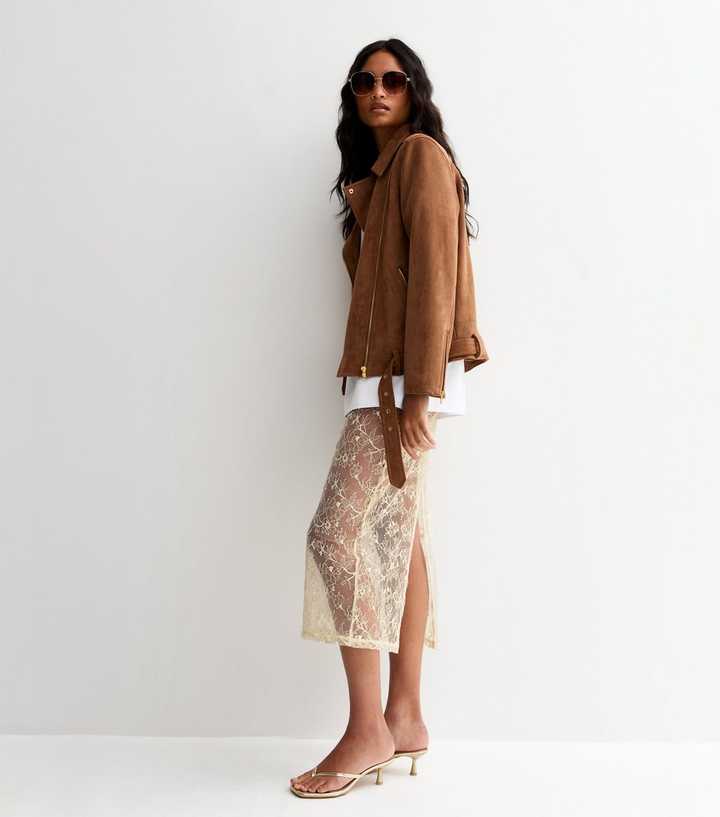 Cream Sheer Sequinned Pencil Skirt