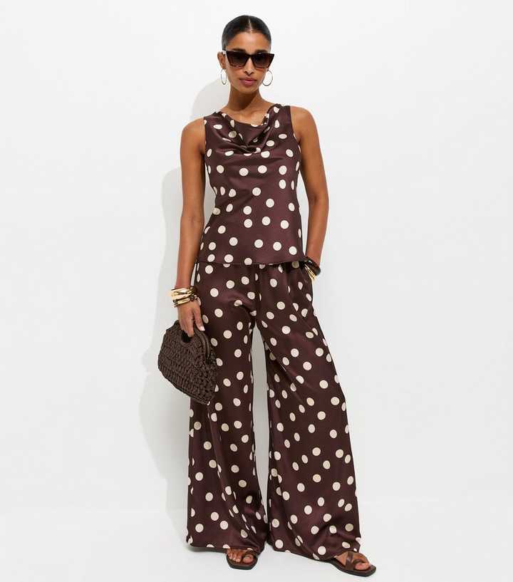 Red Satin Spot Print Wide Leg Palazzo Trousers