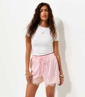 Light Pink Satin Tie Lace Trim Shorts