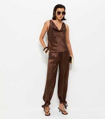 Dark Brown Tie Cuff Satin Trousers
