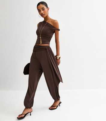 Dark Brown Tie Waist Tapered Trousers