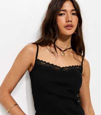 Black Cotton Rich Lace Trim Cami Top