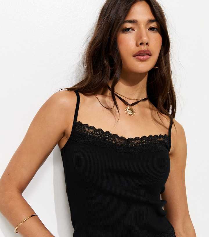 Black Cotton Rich Lace Trim Cami Top