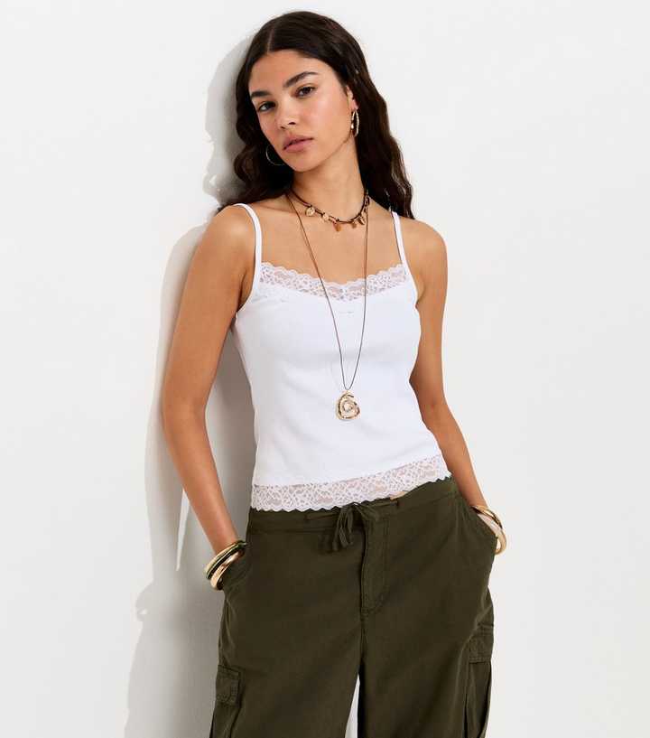 White Cotton Rich Lace Trim Cami Top