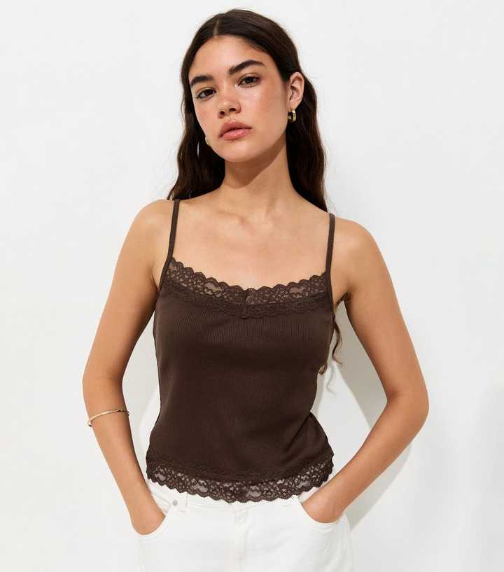 Dark Brown Cotton Rich Lace Trim Cami Top