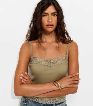 Light Khaki Cotton Rich Lace Trim Cami Top
