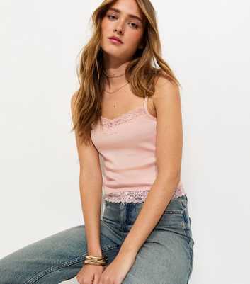 Pink Cotton Rich Lace Trim Cami Top