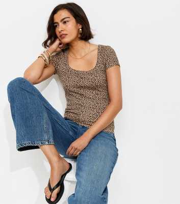 Brown Leopard Print Square Neck T-Shirt