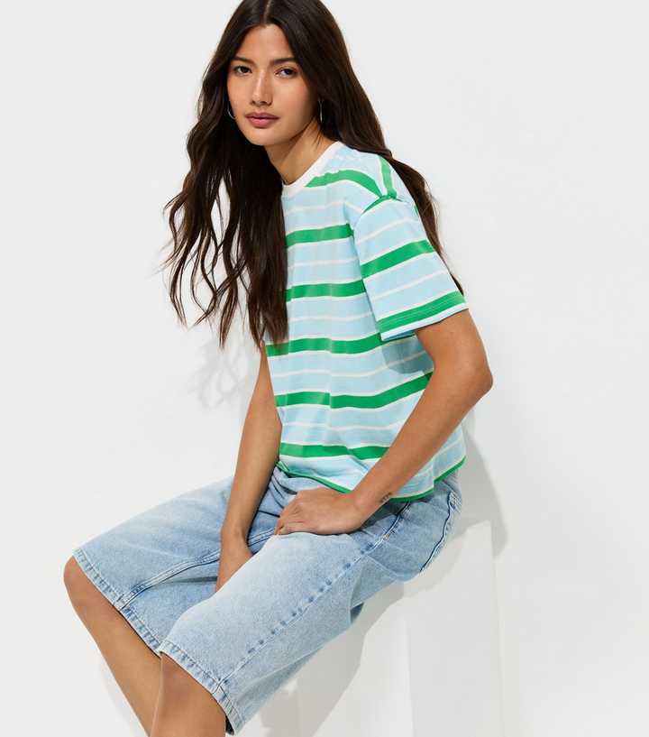 Blue Cotton Striped Boxy T-Shirt