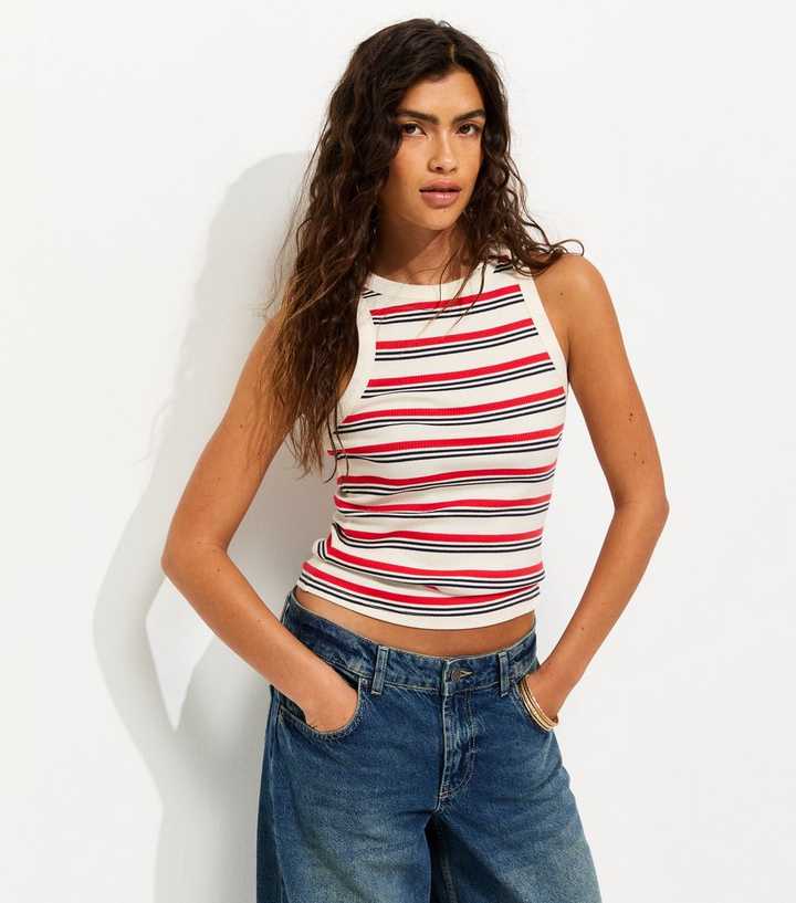 Cream Cotton Rich Stripe Racer Vest Top