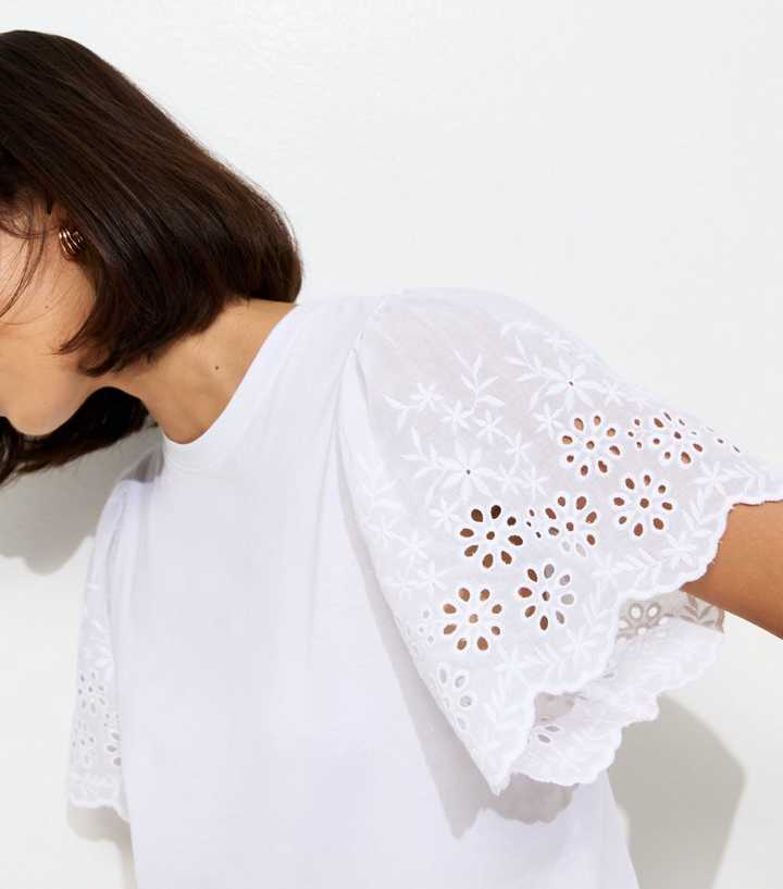 White Broderie Anglaise Sleeve T-Shirt