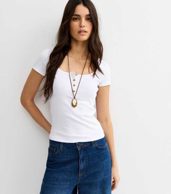 White Short Sleeve Ribbed Henley Tee