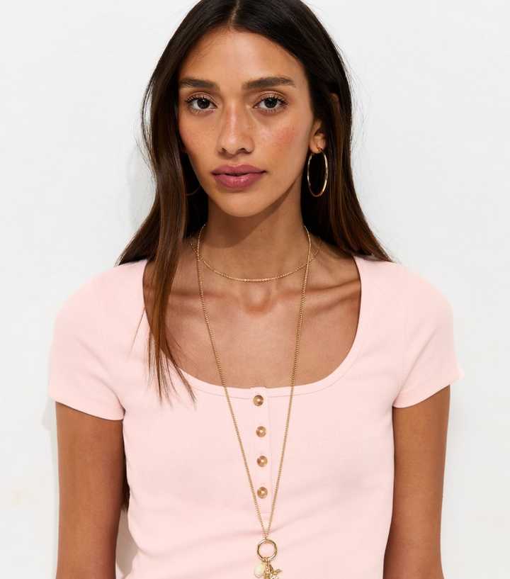 Light Pink Short Sleeve Ribbed Henley Tee