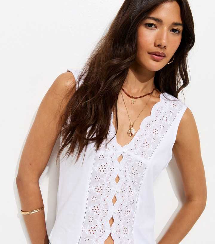 White Cotton Broderie Anglaise Sleeveless Top