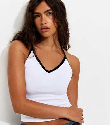White Contrast Trim Halter Neck Top