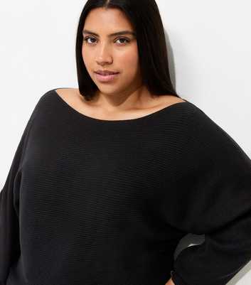 Curves Black Ribbed Knit Slash Neck Batwing Sleeve Top