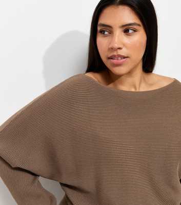 Curves Dark Mink Ribbed Knit Slash Neck Batwing Sleeve Top